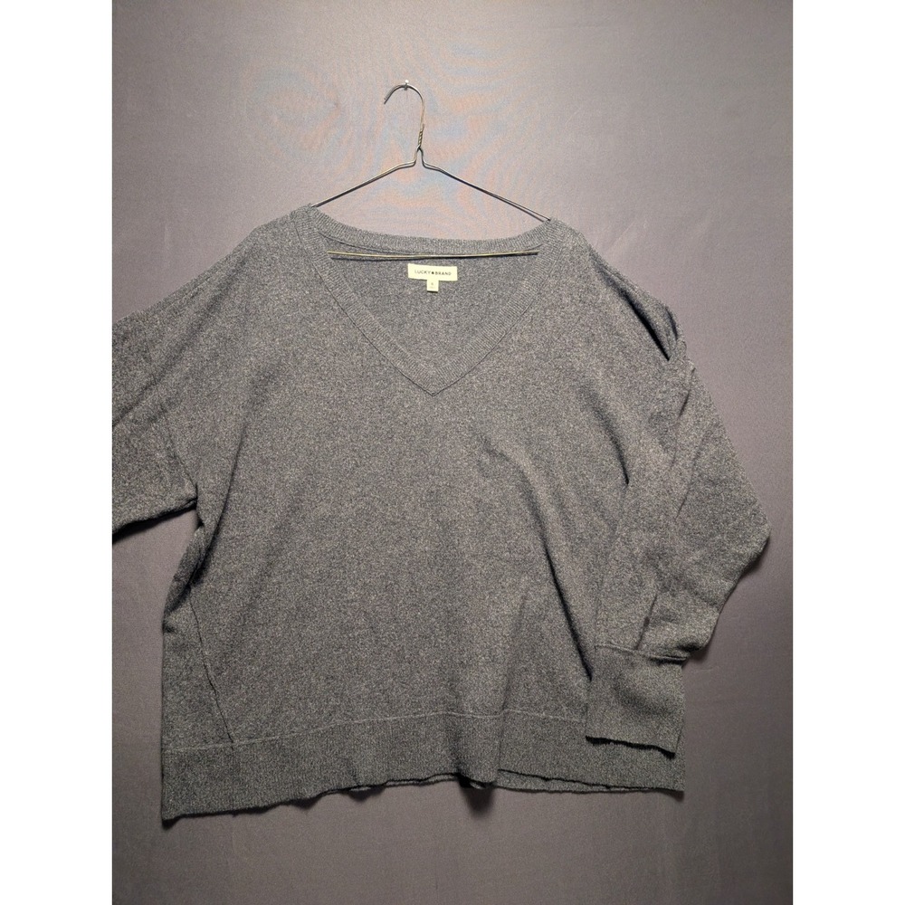 Lucky Brand Women Gray Ribbed V Neck Pullover Knit Sweater XL